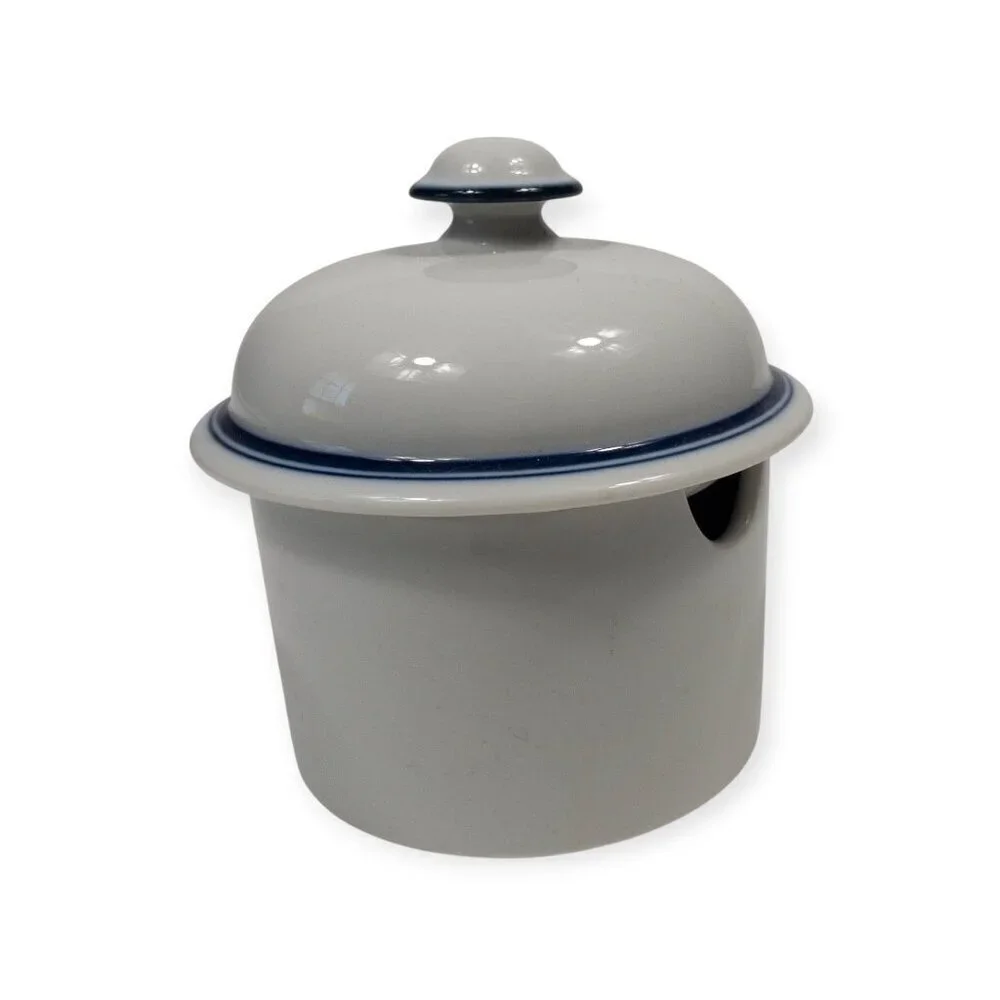 Dansk Bistro Ceramic Jelly Jar With Lid White & Blue Accents Vintage Kitchen Sto